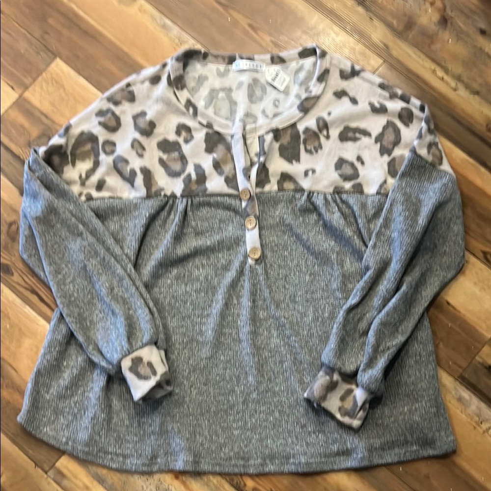 Gray and Leopard Print Long Sleeve Top